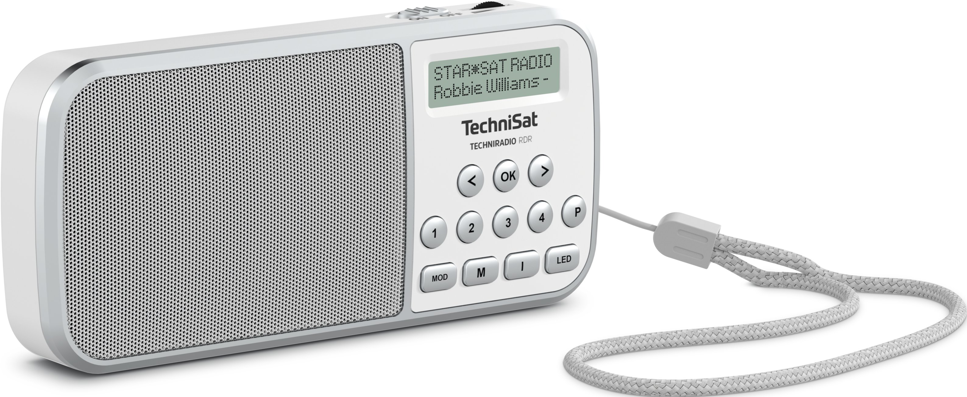 Ein weißes und silbernes Technisat-Radio mit kleinem Display und Knöpfen, auf einer weißen Oberfläche.