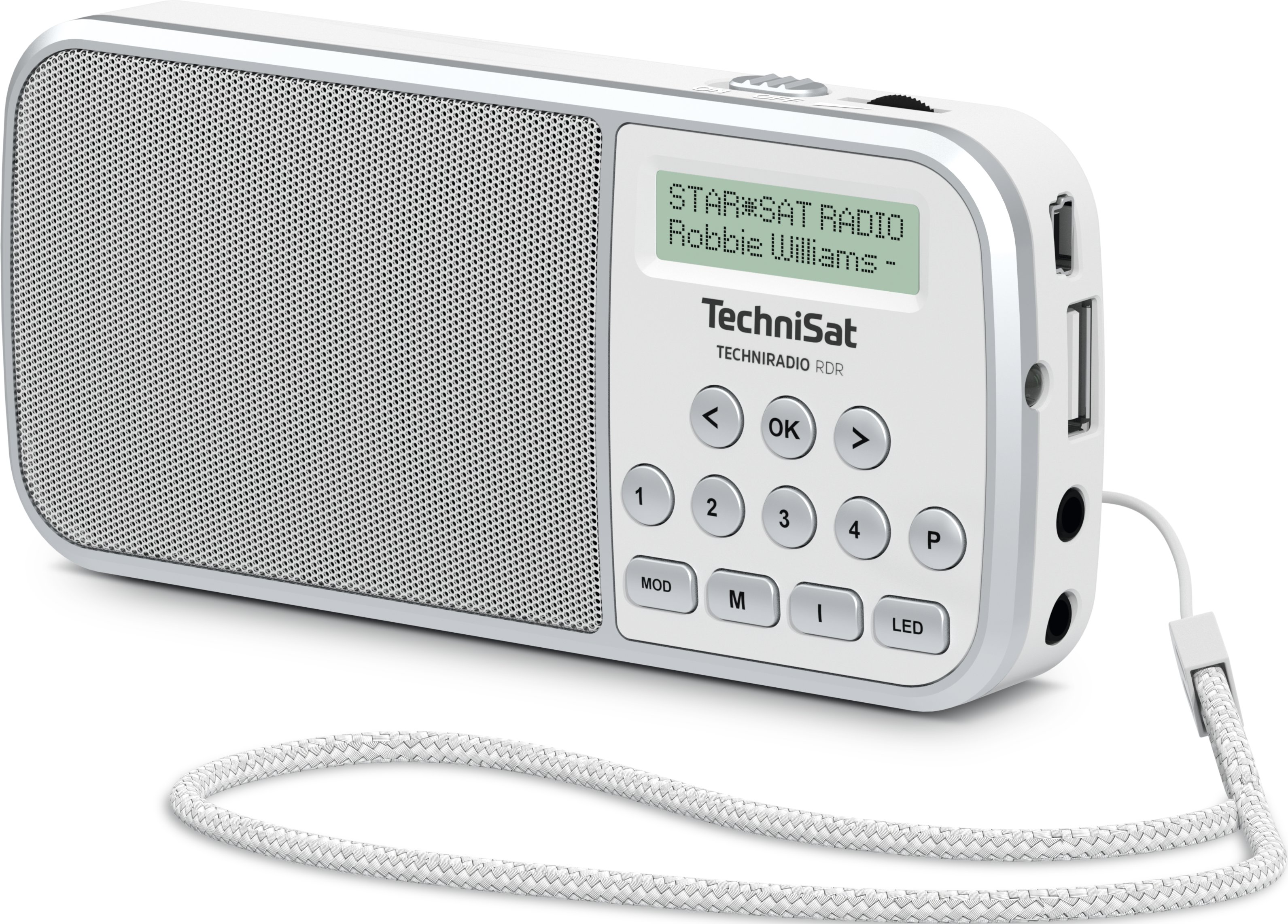 Ein weiß-graues tragbares Radio mit digitalem Display, Knöpfen und Trageriemen.