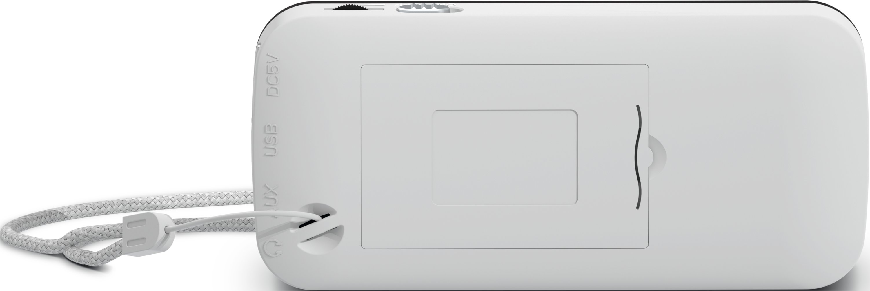 Weißer, rechteckiger Lautsprecher mit USB- und AUX-Anschluss. Ein weißes Kabel ist befestigt.