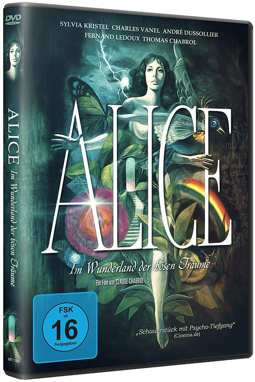 Ein DVD-Cover mit dem Titel 'Alice' in großen weißen Buchstaben mit einer Frau in einem Kleid.