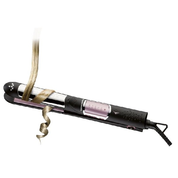 Plancha de pelo negra con cabello rubio que se está alisando. Acentos rosas y una pantalla digital son visibles.