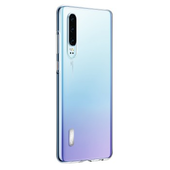 Huawei P30 Smartphone in transparentem Gehäuse, Rückansicht, mit drei Kameras.