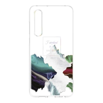 Transparente Handyhülle mit farbenfrohem, abstraktem Farbdesign und kleinem Text.