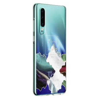 Ein türkisfarbenes Telefon mit blauem, abstraktem Design auf der Rückseite und einer Kamera.
