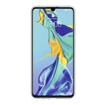 Ein Smartphone in einer durchsichtigen Hülle, das den Sperrbildschirm mit Uhrzeit und Fingerabdrucksymbol anzeigt.