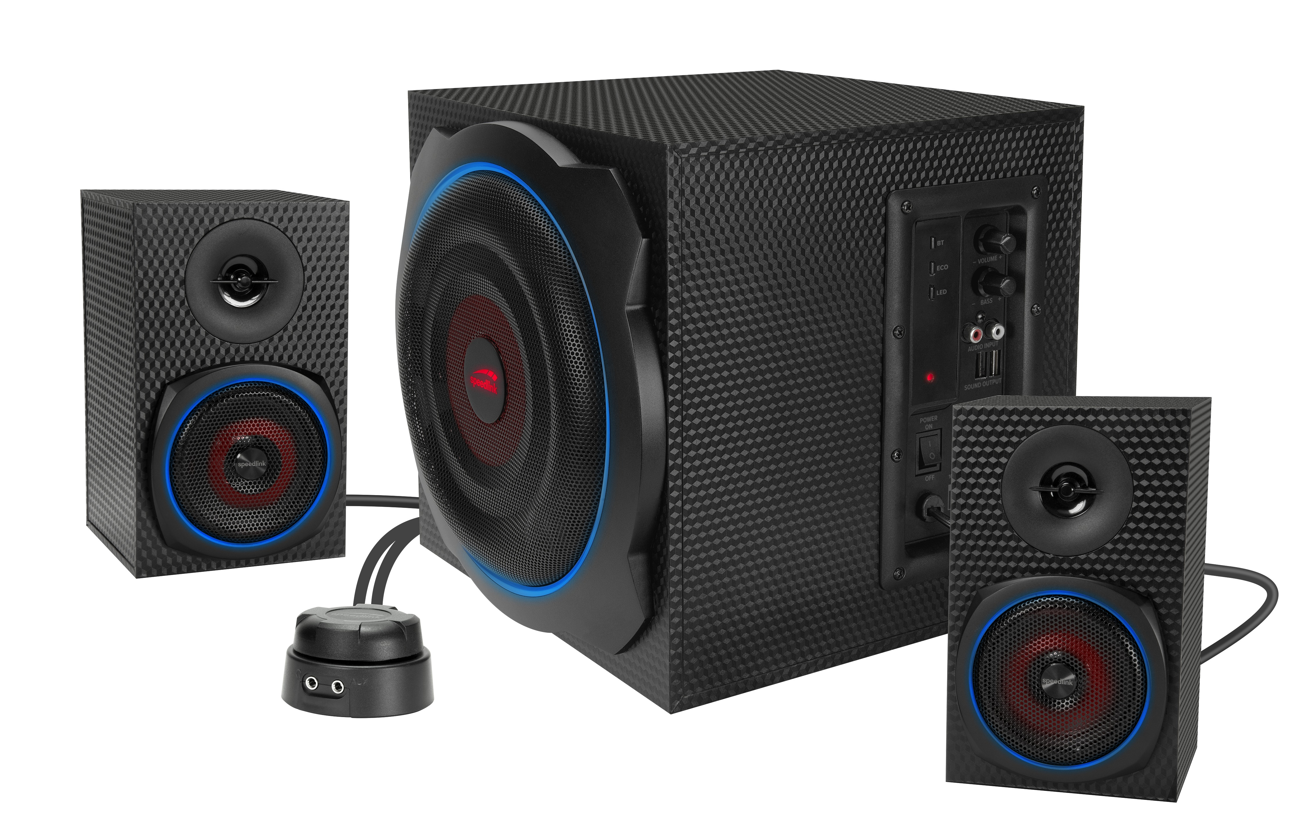 Schwarzes Lautsprechersystem mit Subwoofer und zwei Satellitenlautsprechern. Rote und blaue Akzente.
