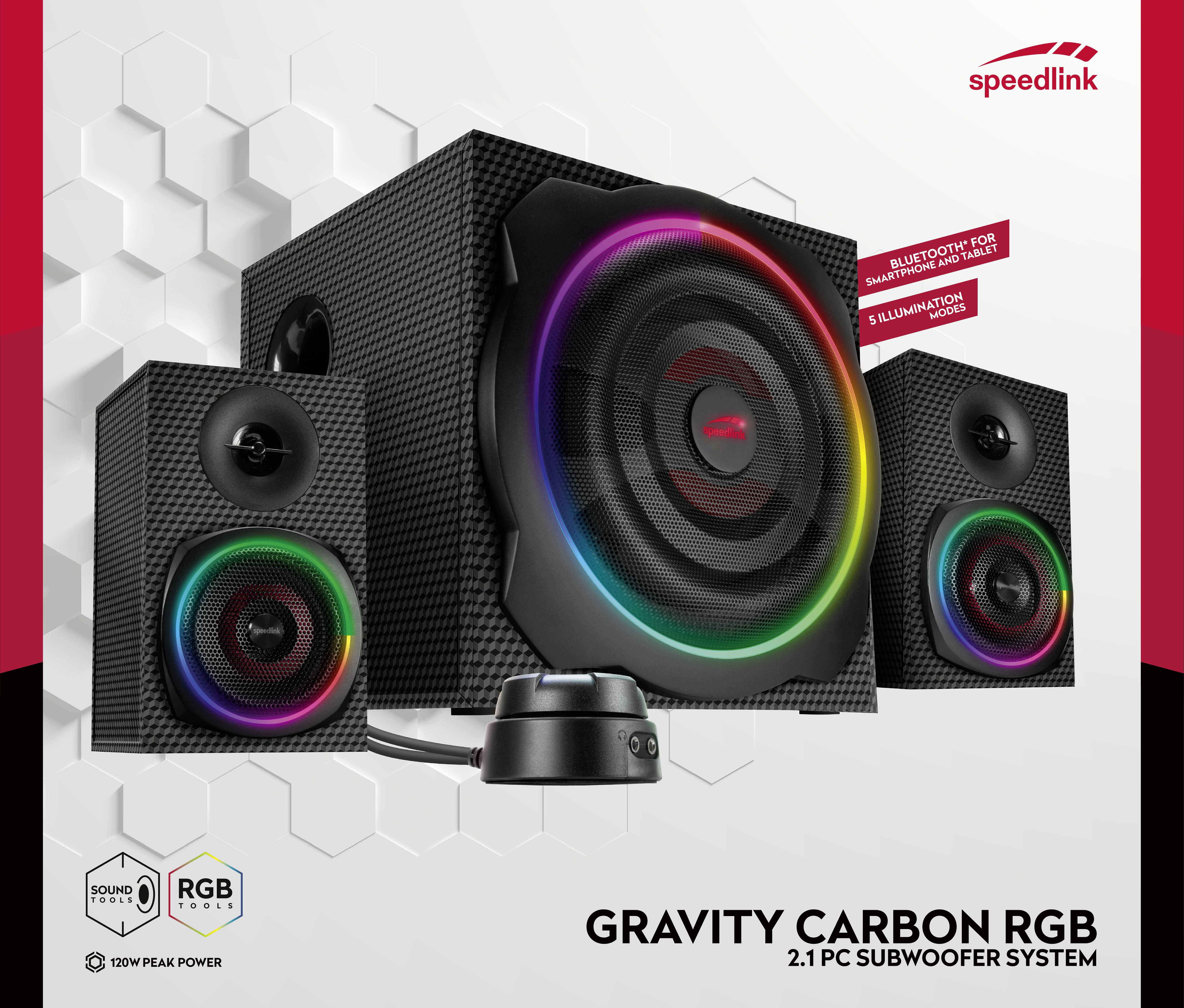 Ein schwarzes 2.1 PC-Subwoofer-System mit RGB-Beleuchtung und Steuerung.