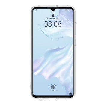 Smartphone-Bildschirm zeigt die Uhrzeit 08:08, mit einem Schloss- und Fingerabdrucksymbol. Das Telefon hat eine klare Hülle.