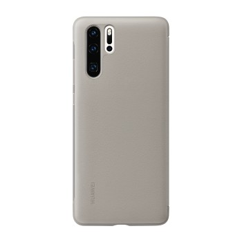 Beige Handyhülle mit drei Kameras. Huawei-Logo unten.