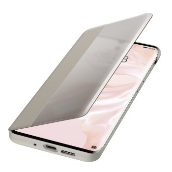 Smartphone mit Hülle, zeigt einen Bildschirm und teilweise geöffnete Hülle, weißer Hintergrund.
