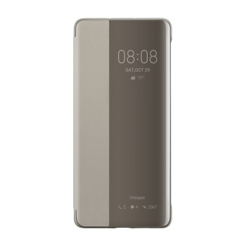Geschlossene Telefonhülle mit angezeigter Uhrzeit und Datum. Die Hülle ist braun.