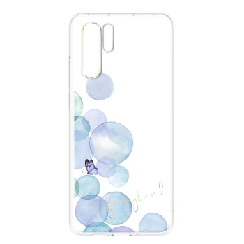 Eine transparente Handyhülle mit blauen Kreisen und einem Schmetterlingsdesign auf weißem Hintergrund.