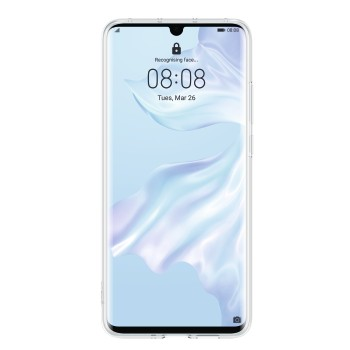 Ein Smartphone mit transparentem Gehäuse. Der Bildschirm zeigt Zeit und Datum. Der Hintergrund ist weiß.