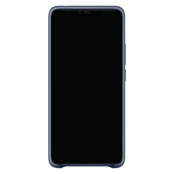 Ein schwarzes Smartphone in einem blauen Gehäuse, mit schwarzem Bildschirm und Frontkamera.