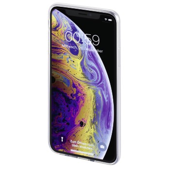 Ein iPhone mit einer durchsichtigen Hülle, das die Uhrzeit und ein farbenfrohes Hintergrundbild zeigt.