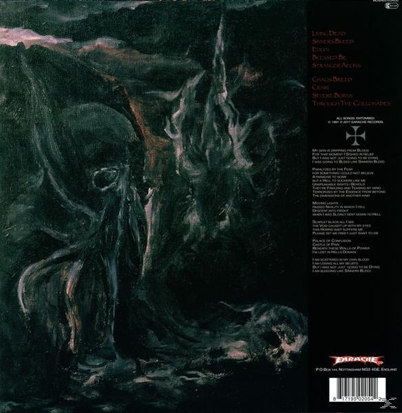 Albumcover mit dunklem Gemälde mit Schädel, sowie Titelliste und Credits.