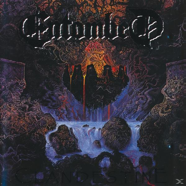 Fantasiekunst. Dunkle Höhle mit einem Wesen, Wasserfällen und Wurzeln. Albumcover.