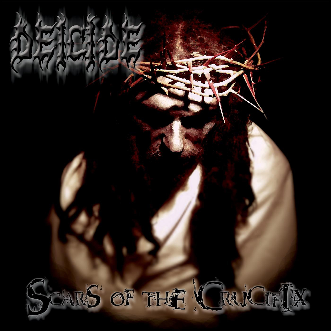 Albumcover: Ein Mann mit Dornenkrone, Gesicht im Schatten, Titel 'SCARS OF THE CRUCIFIX'.