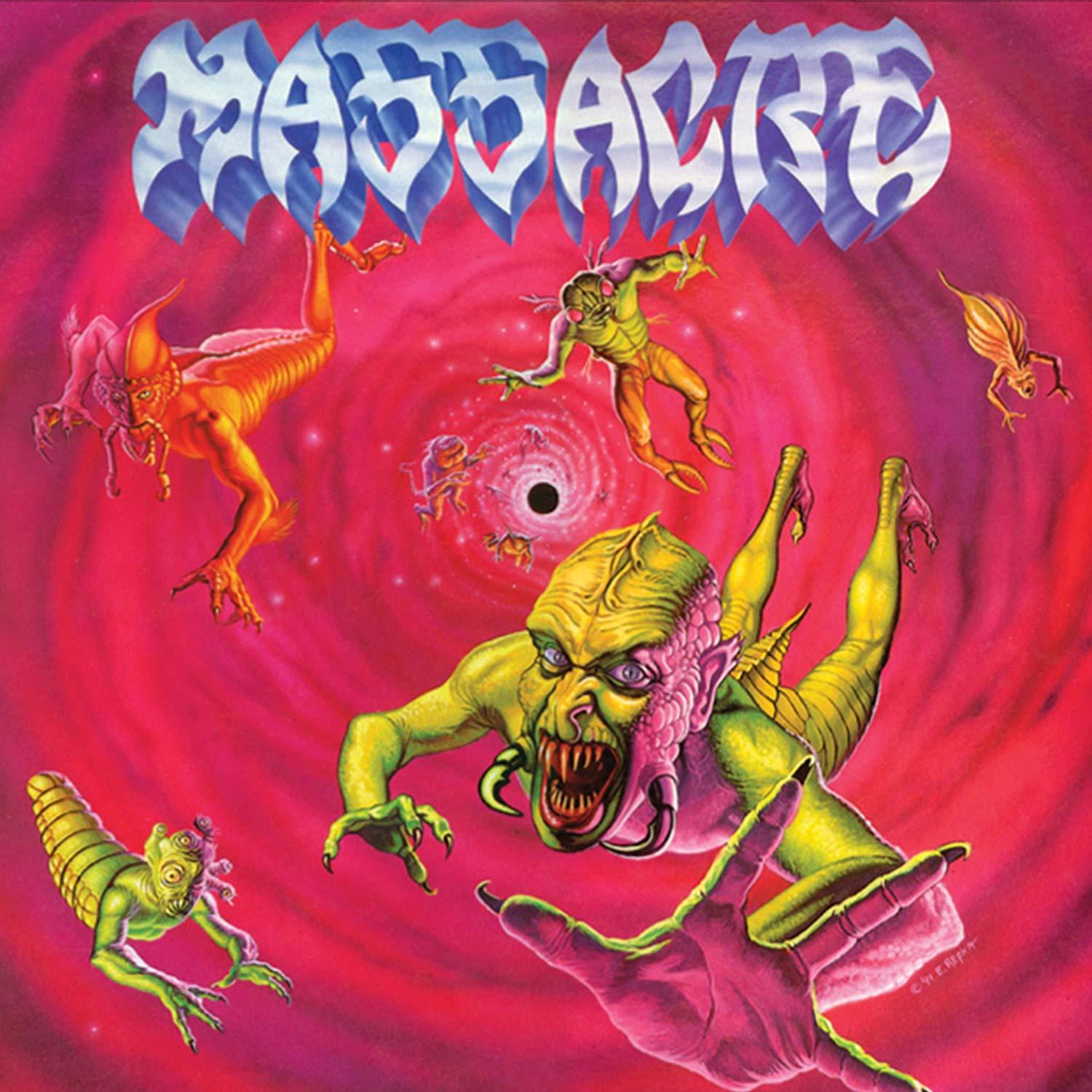 Albumcover mit grotesken Alienfiguren und einem wirbelnden roten Hintergrund mit Bandnamen.