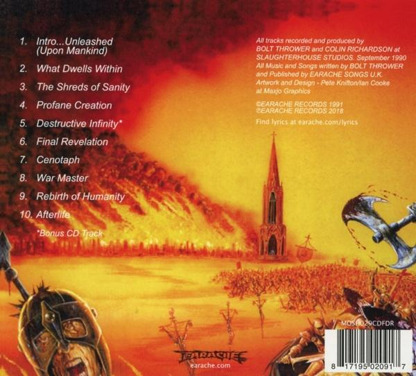 CD-Cover mit brennender Stadt, Soldaten und Kirchturm. Text in Weiß.