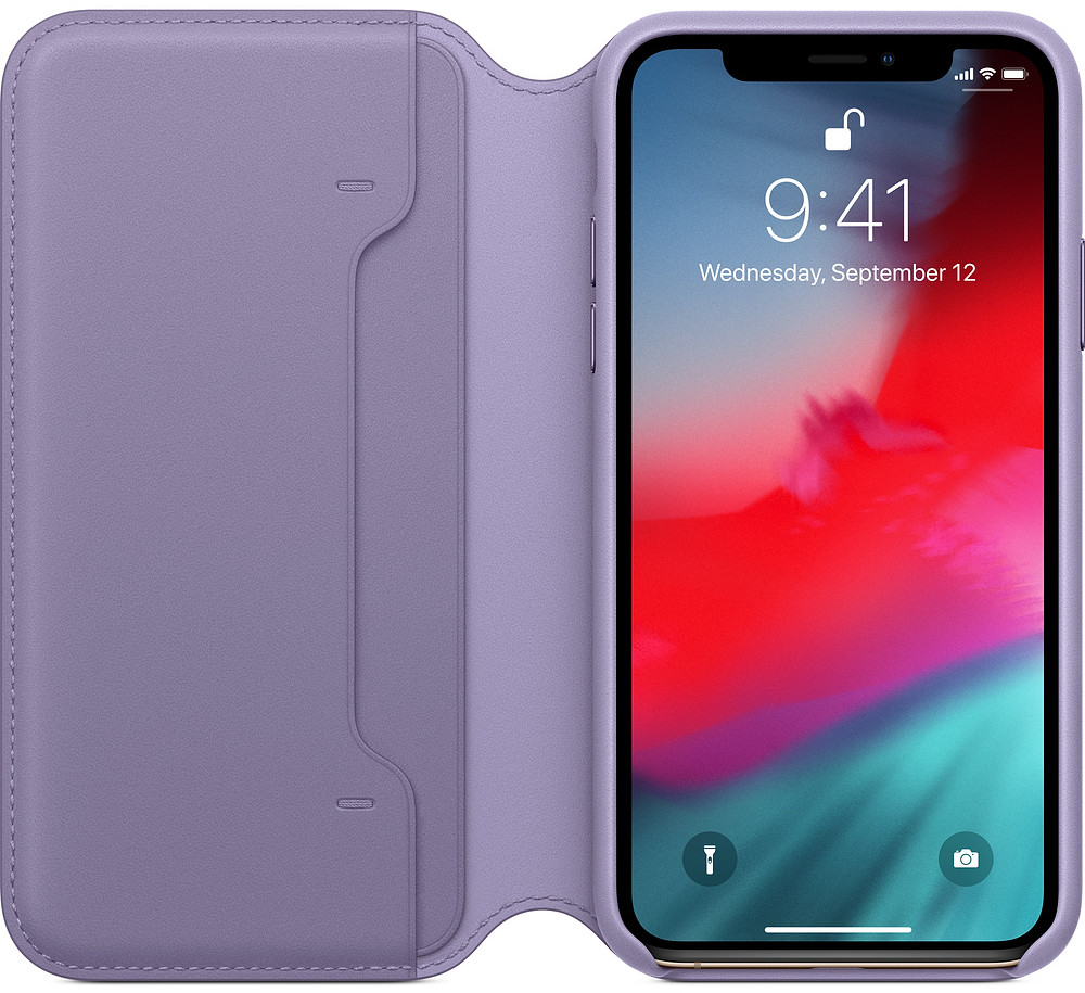 Phone with purple case open, showing the screen. Time is 9:41. The case has card slots.