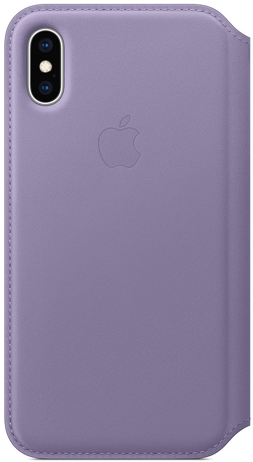 Purple leather iPhone X case. Apple logo on the back. The case is open and shows the phone.