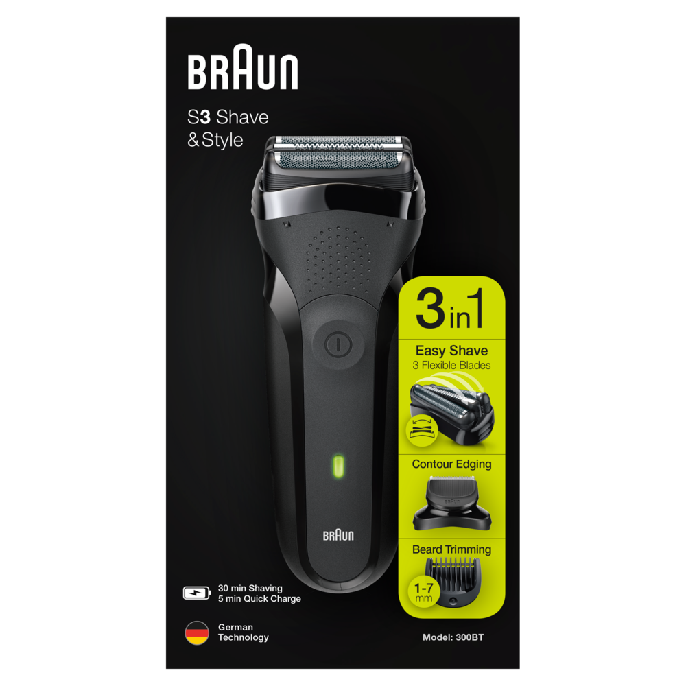 BRAUN 300 BT SERIES 3 SHAVE & STYLE SCHWARZ Rasierer (Schwarz, 3-fach Schersystem mit Mitteltrimmer)