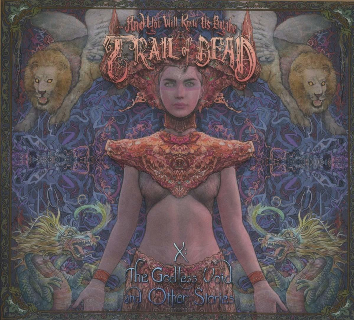 Albumcover: Eine Frau mit kunstvollem Kopfschmuck steht zwischen Löwen und Drachen. Text umgibt sie.