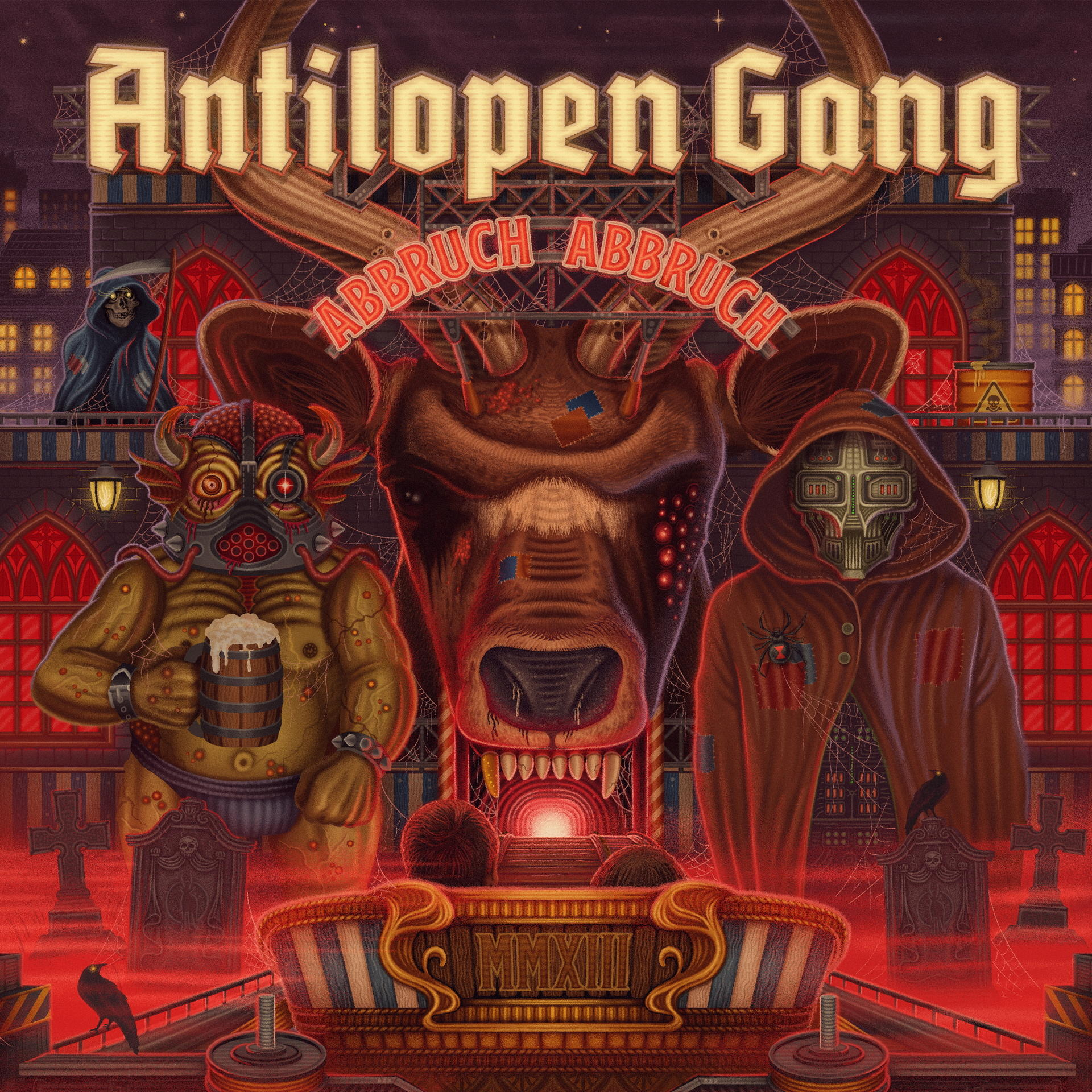 Albumcover: Antilopen Gang, mit einem Bullen, zwei Figuren und Stadt-Hintergrund.