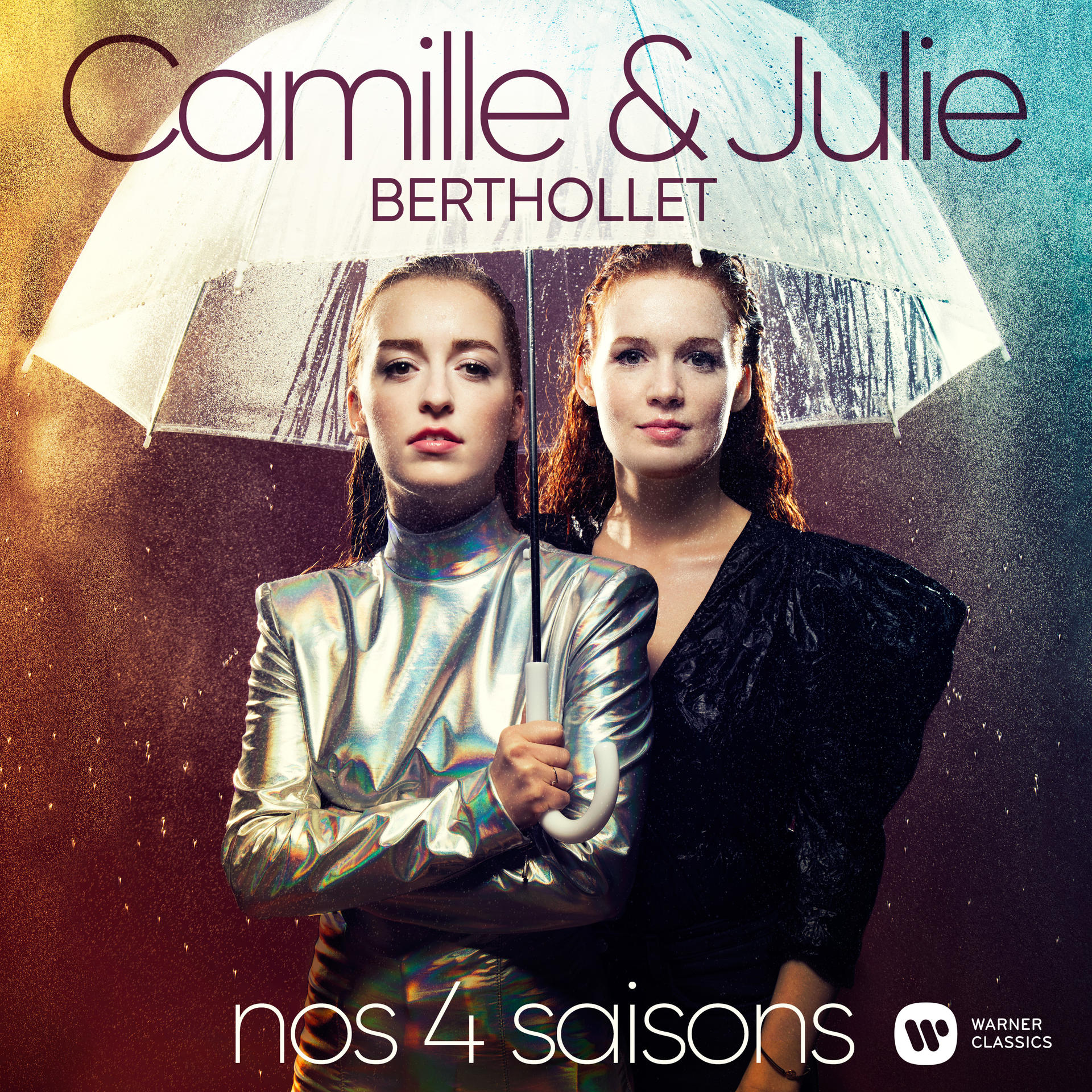 Albumcover mit zwei Frauen unter einem transparenten Regenschirm, Regen und buntem Hintergrund.