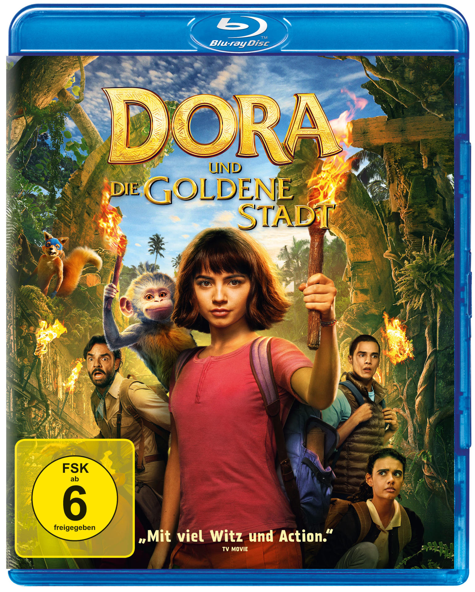 Filmplakat für Dora und die goldene Stadt, mit Dora, die eine Fackel hält.