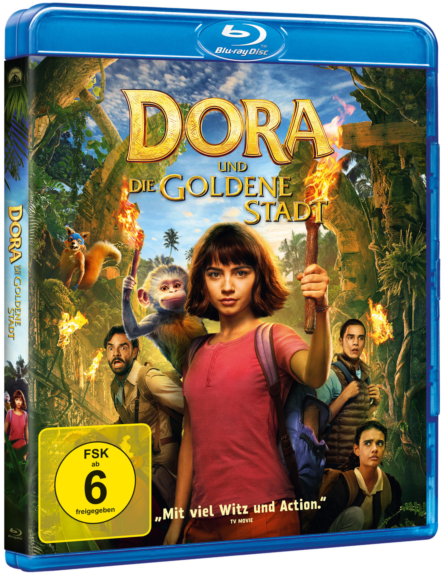 Filmcover von Dora in der Goldenen Stadt. Dora hält eine Fackel in einem Dschungel.