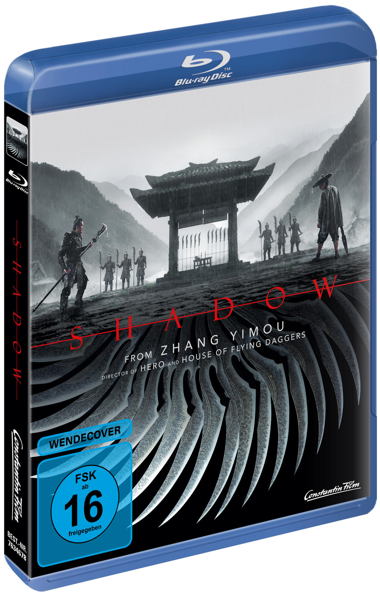 Blu-ray-Hülle des Films 'Shadow' mit einem dunklen, stilisierten Bild einer Pagode und Figuren.