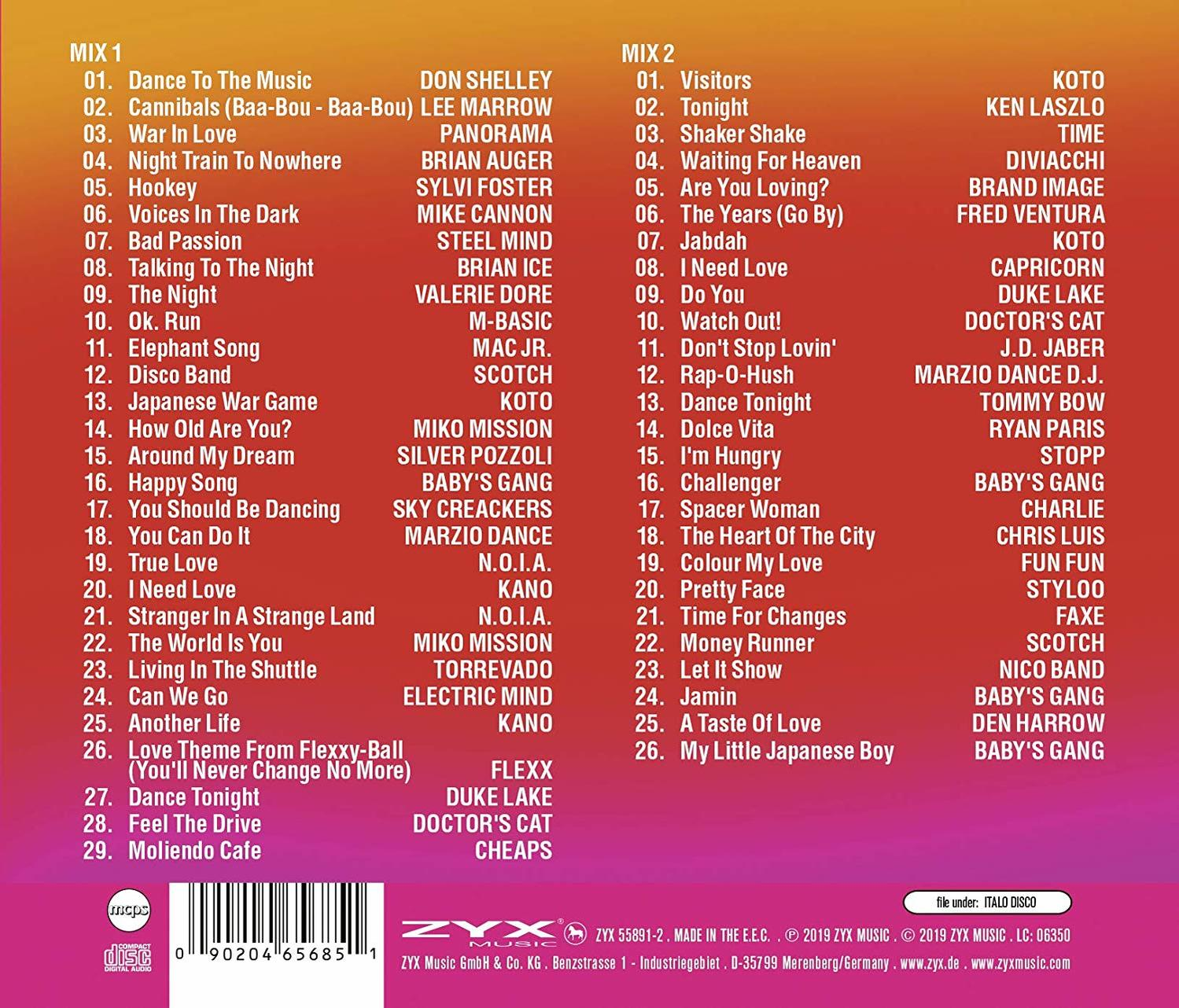 Die Rückseite einer CD mit Titellisten. Sie hat ein ZYX-Logo und die Disc-Label-Informationen.