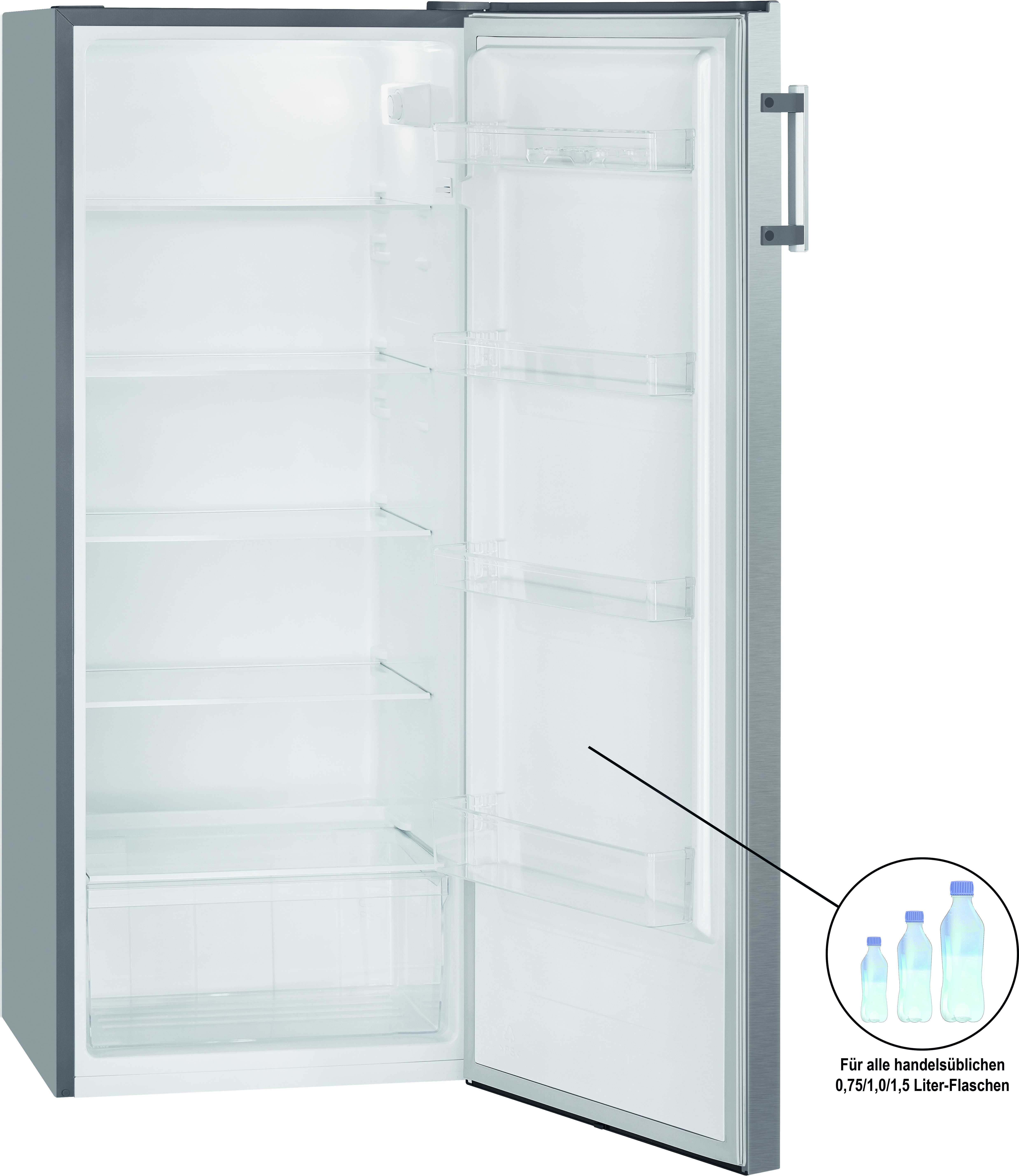 Offener Kühlschrank mit Regalen und Schublade. Eine Notiz zeigt Flaschen. Die Tür ist offen.