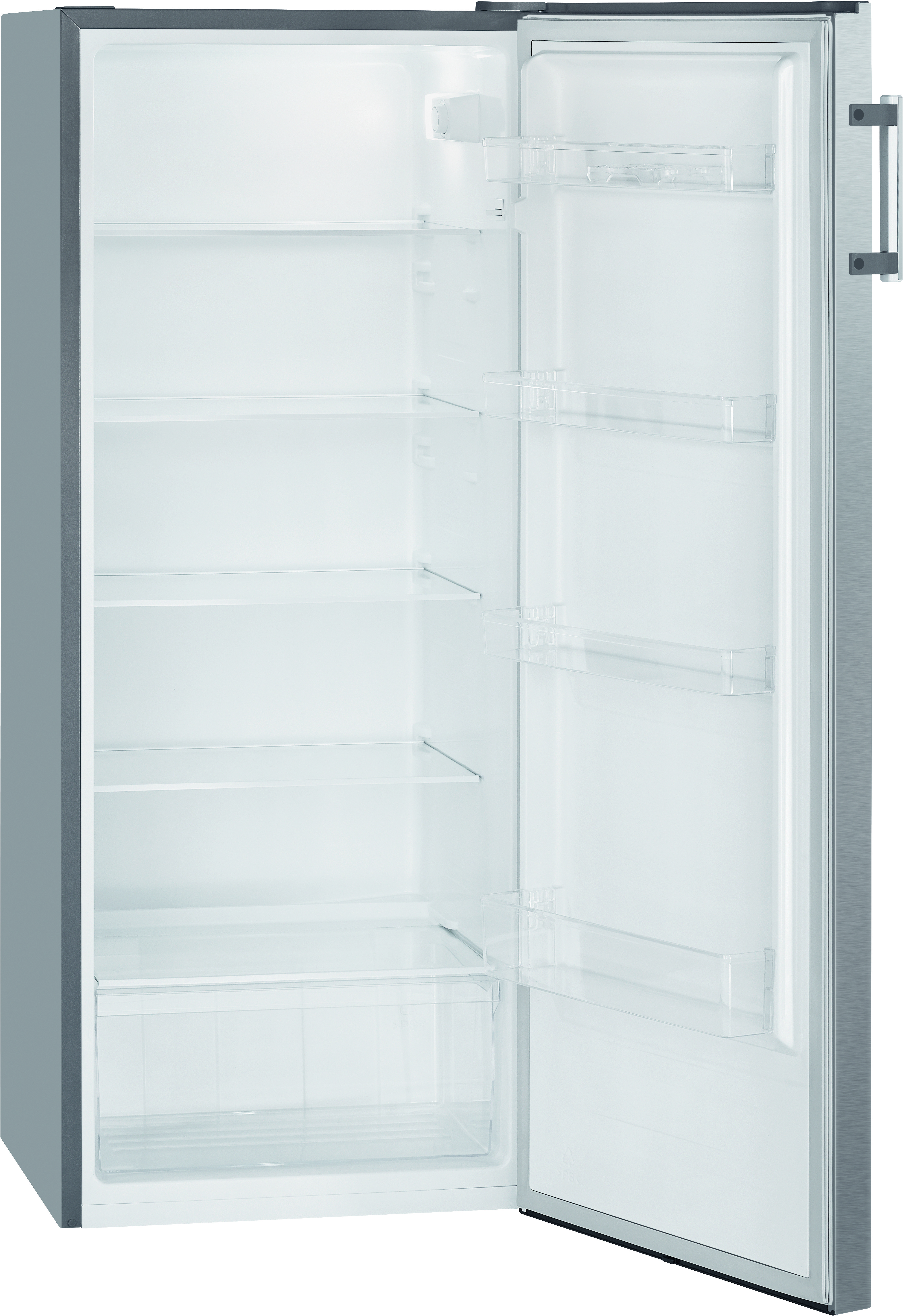 Offener, leerer Kühlschrank mit Glasböden und einer Gemüseschublade. Silberner Rahmen.