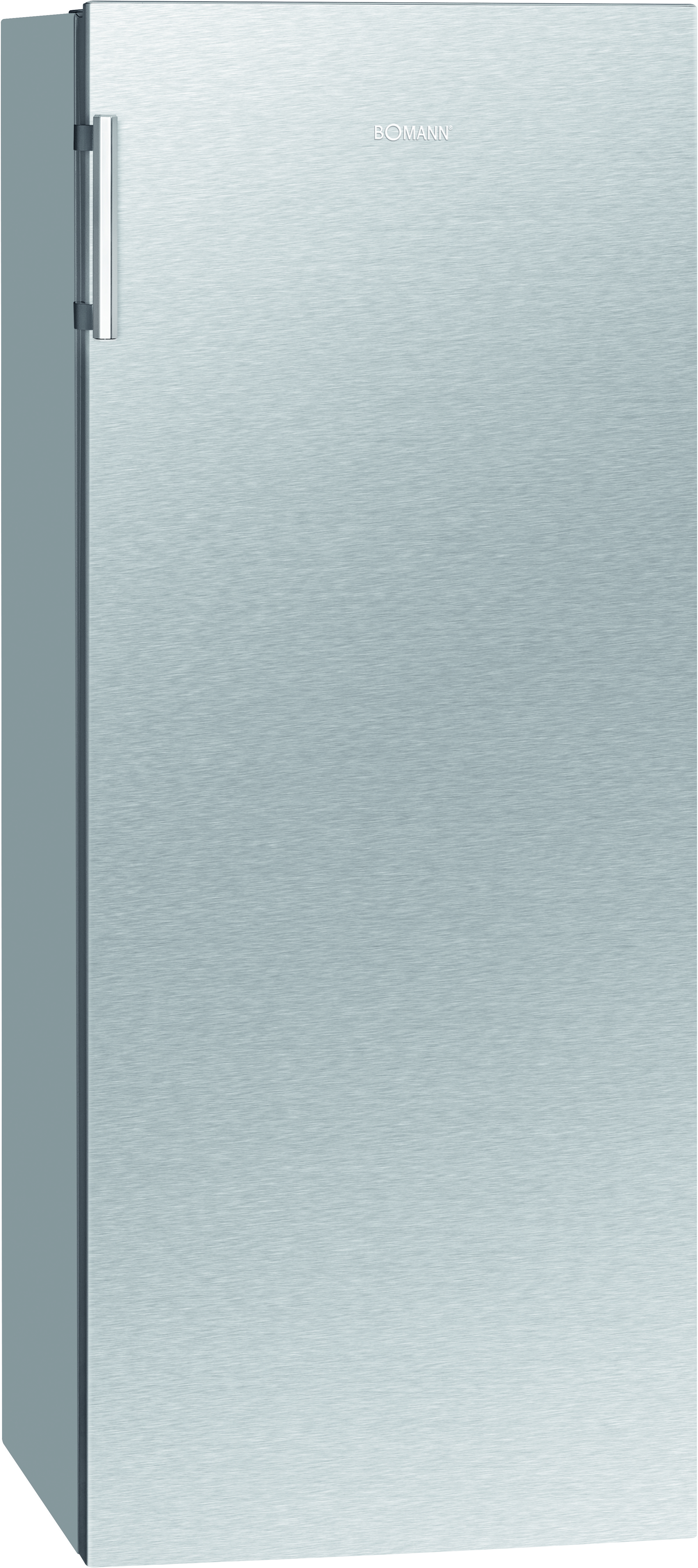 Edelstahl-Bohmann-Kühlschrank, hoch und schlank, mit silbernem Griff auf der linken Seite.