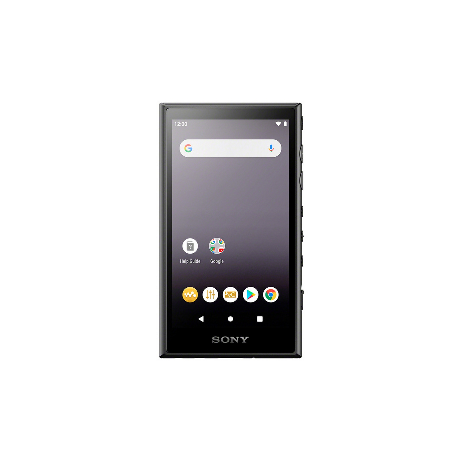 Un reproductor de música Sony negro con pantalla táctil. La pantalla muestra Google y otros iconos de aplicaciones.
