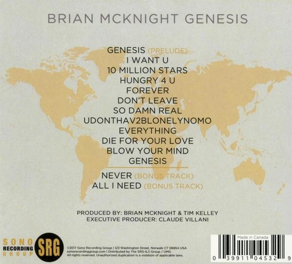 CD borító a világ térképén a számcímekkel, előadó: Brian McKnight. Tartalmazza a 'Genesis' számot.