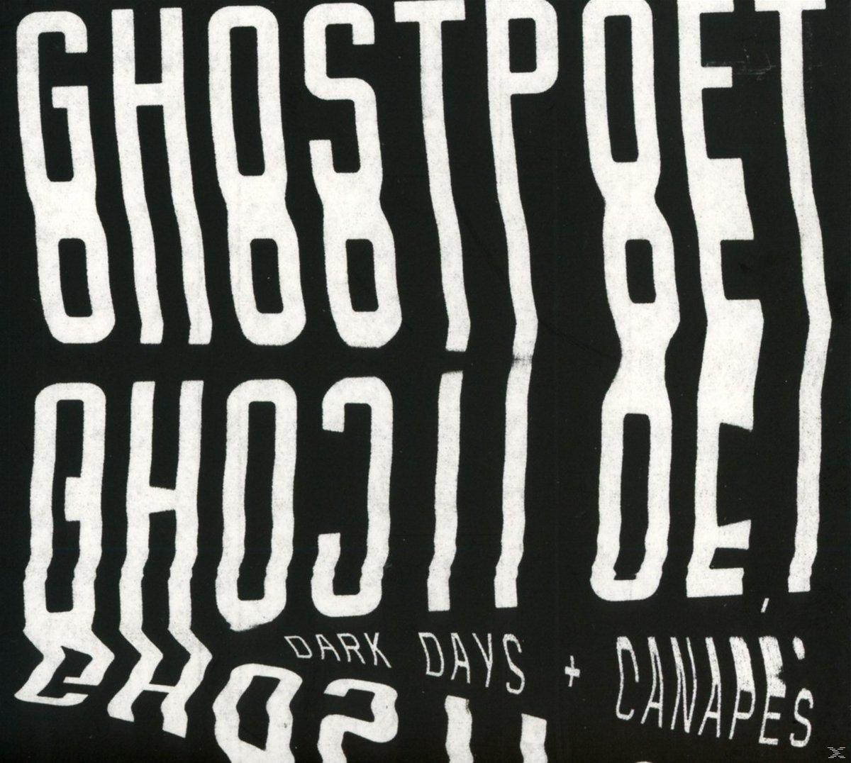 Albumhoes: Ghostpoet, Dark Days + Canapés, witte tekst op zwarte achtergrond.