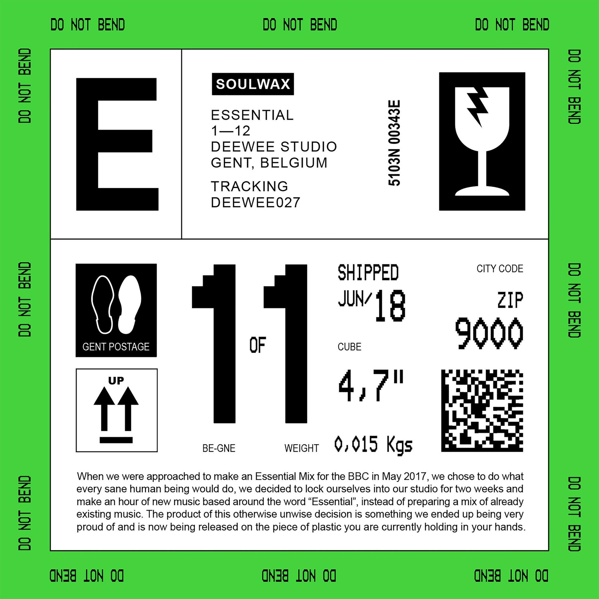 Verzendlabel met tekst: 'SOULWAX ESSENTIAL', trackinginfo, waarschuwingen en een beschrijving.