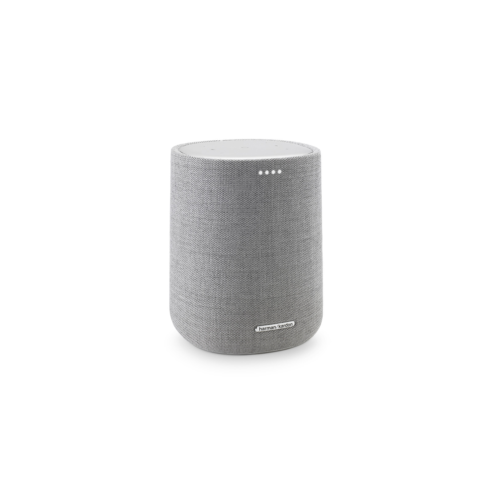 Een cilindrische grijze luidspreker met een witte bovenkant en het 'harman/kardon' logo.