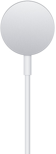 Un chargeur MagSafe Apple blanc avec un câble blanc, sur fond blanc.