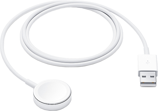 Câble de chargement blanc avec un connecteur circulaire à une extrémité et USB à l'autre.