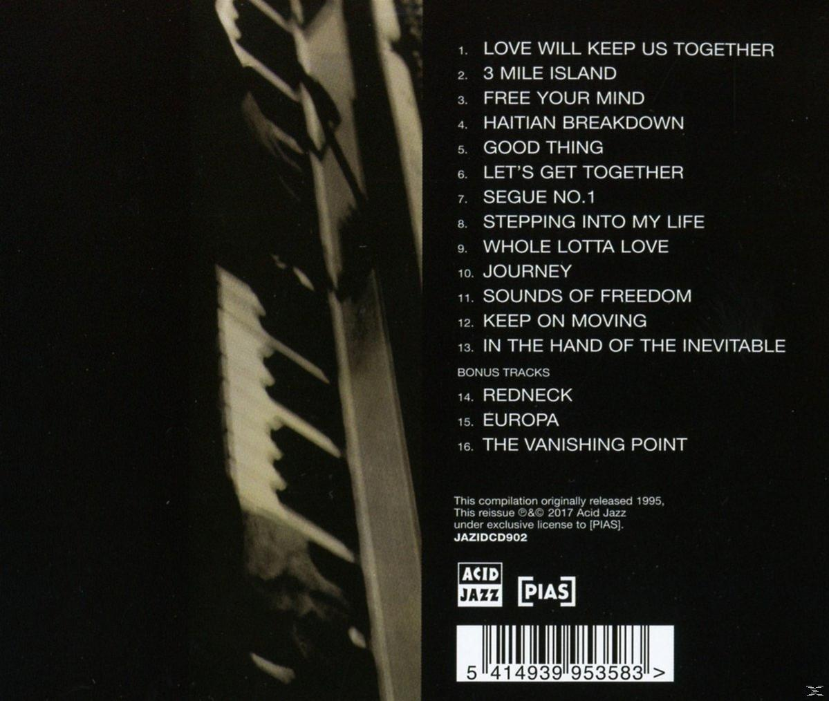 CD-hoes met donkere achtergrond en een lijst met titels. De logo's van Acid Jazz en PIAS zijn onderaan zichtbaar.