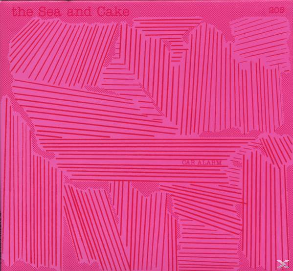 Albumcover mit rosa abstraktem Design, rote Linien bilden Formen, Titel 'Car Alarm' und 'the Sea and Cake'.