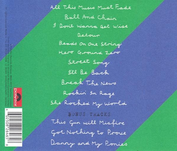 Pochette de CD avec titres de morceaux. Comprend un fond coloré avec des rayures et du texte.