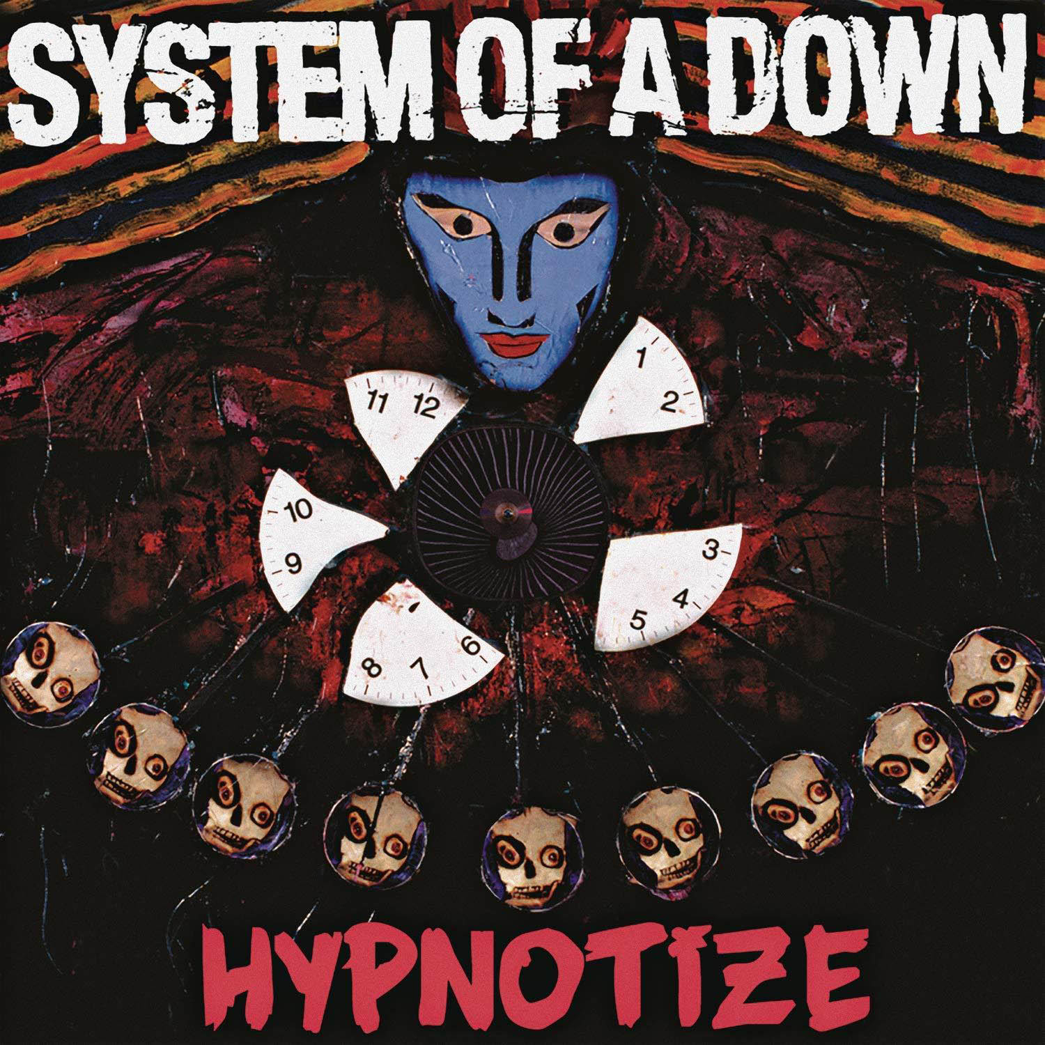 Albumcover für System of a Downs Hypnotize. Bild von Uhren, Gesichtern und Totenköpfen.