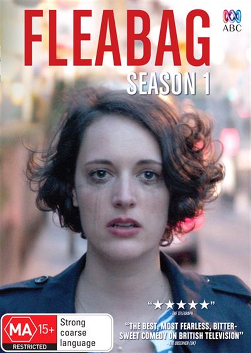 Affiche de la série Fleabag Saison 1, avec une femme regardant la caméra et une étiquette d'évaluation.