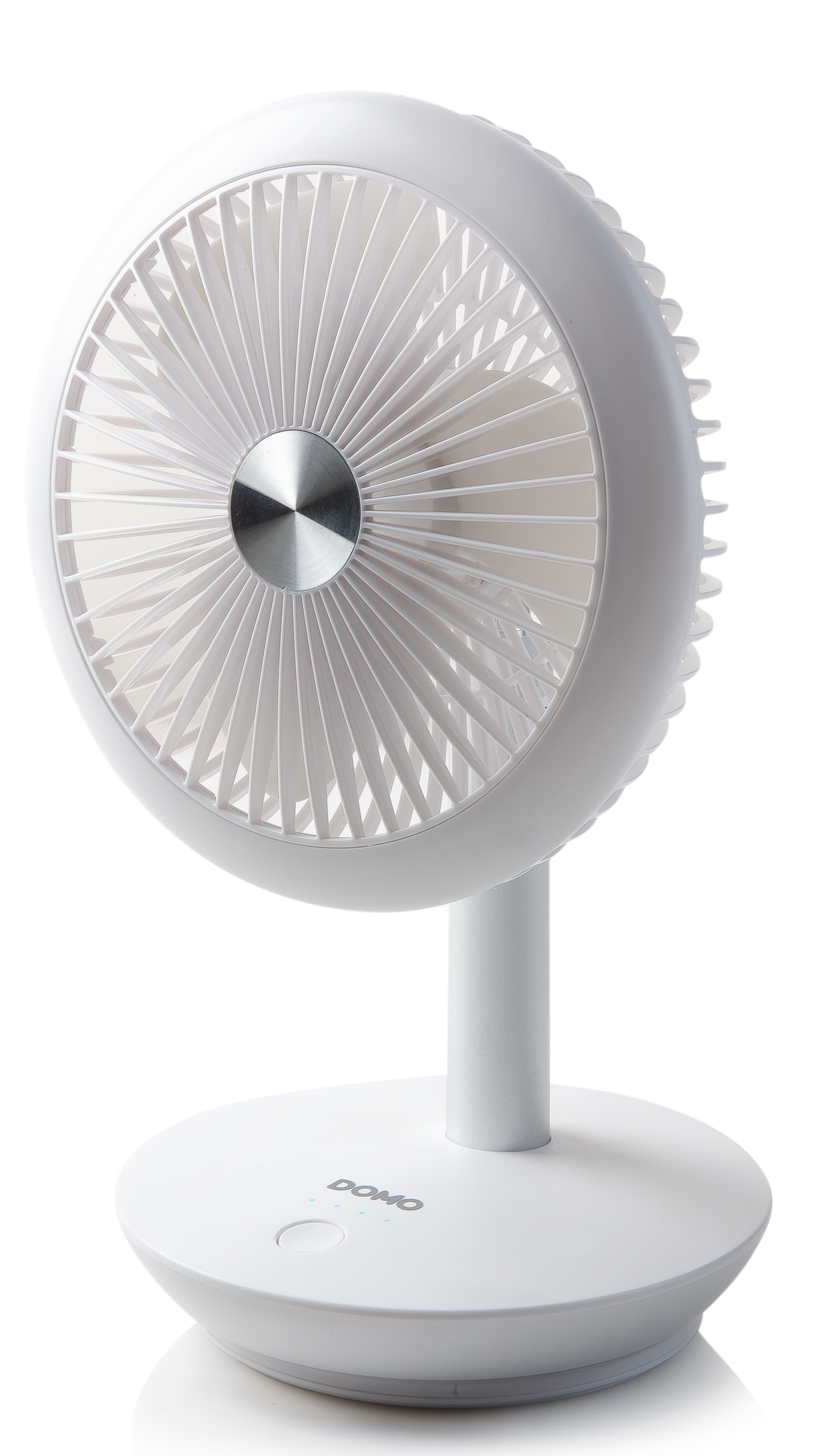 White desk fan. Circular fan head with blades, silver center, white stand and base. White background.